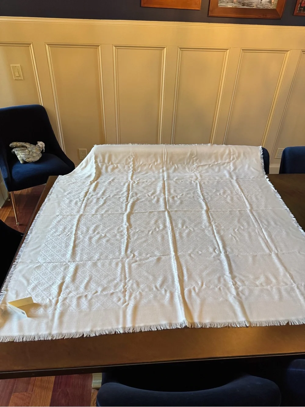 Tory Burch Cream Logo Jacquard Fringe Scarf
